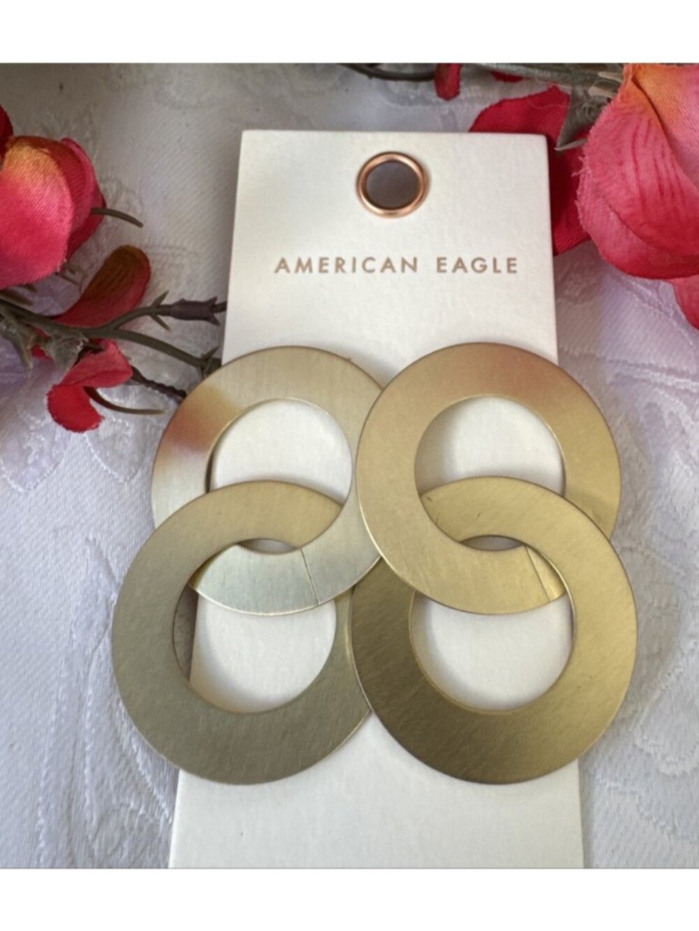 American Eagle Matte Gold Tone Chunky Double Circle Hoop Drop Earrings 2" NEW - Picture 2 of 4